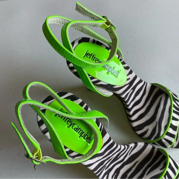 Jeffrey Campbell 5.5 Lime Green Black White Zebra Single Strap Stiletto Heel - Picture 3 of 6